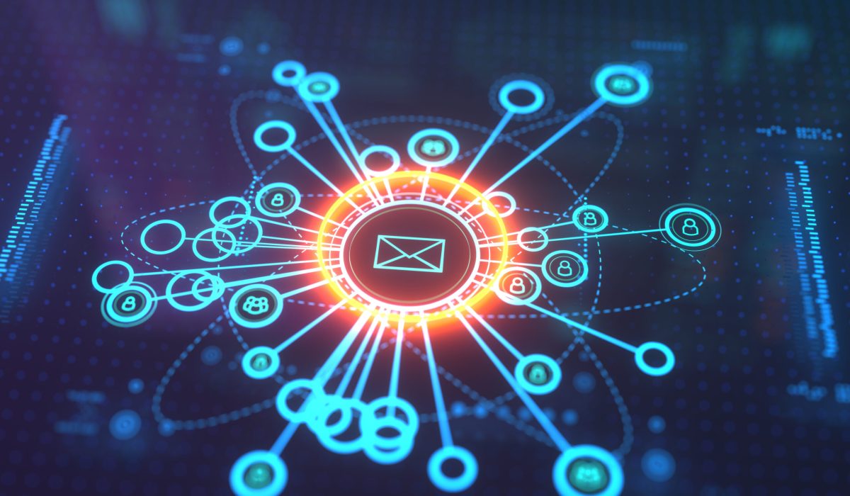 Email icon on digital lcd display with reflection. Concept of email marketing, digital newsletter to customers, email campaign and subscription.