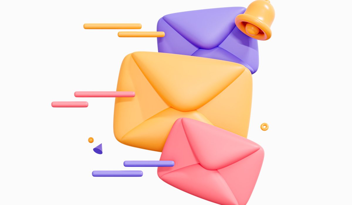 3D Send letters in envelopes. Mail notification. Bell notice. Email message concept. Email newsletter with letter paper. Cartoon creative design icon isolated on white background. 3D Rendering