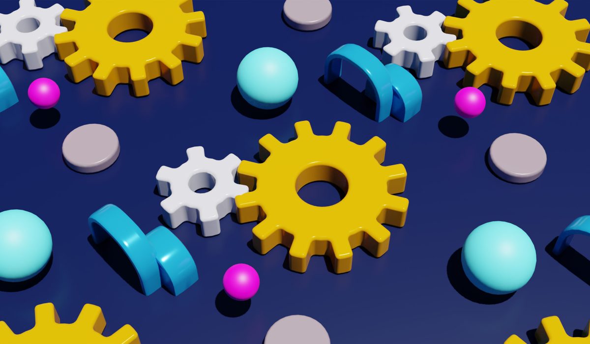 Gears on bkue  background. 3d rebder illustration.