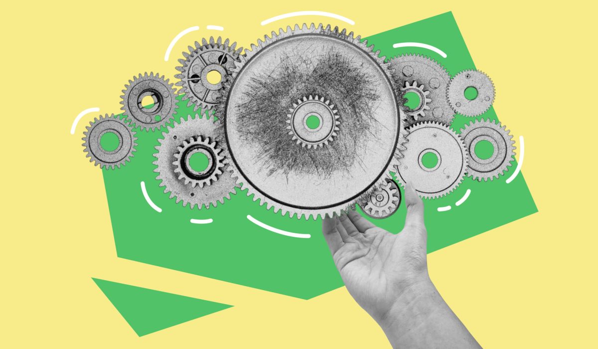 Hand holding mechanical gears surreal collage. Symbol of innovation, motion, and creative problem-solving on a colorful abstract background.