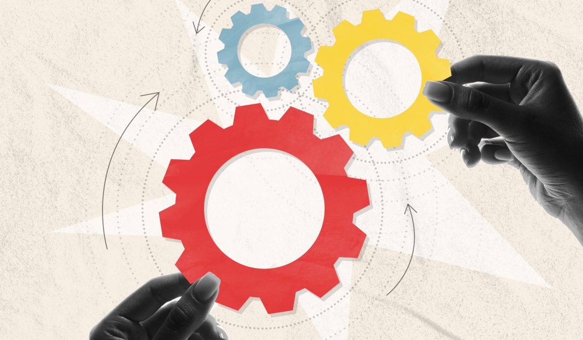 Poster. Contemporary art collage. Hands in black and white filter start mechanism with gears against smashed paper background. Concept of business, planning, start-up, creativity, inspiration. Ad