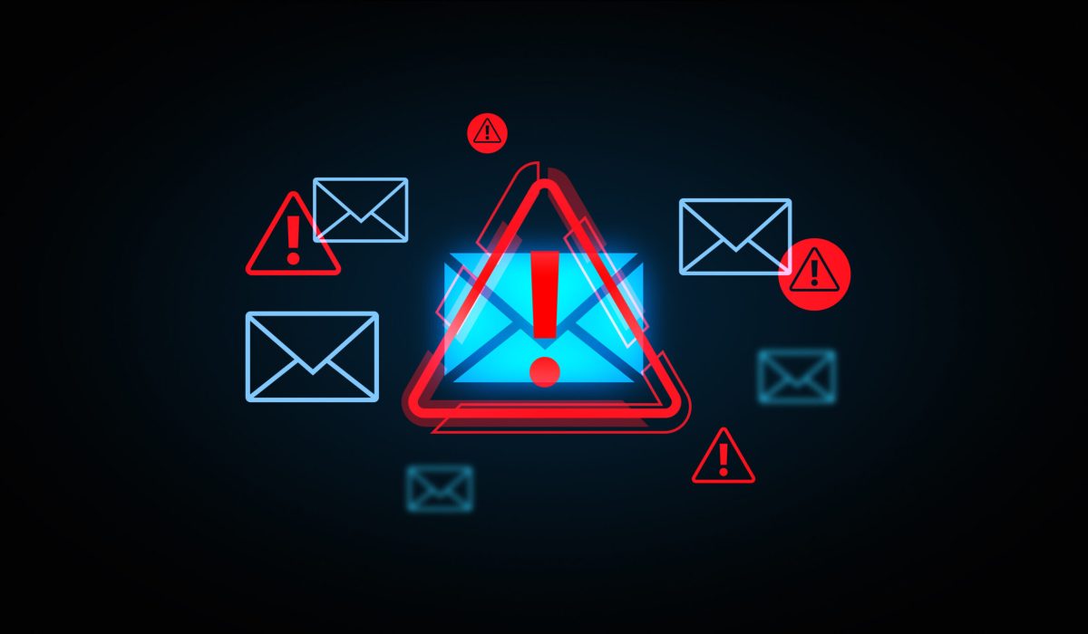 Digital illustration of email icons with warning signs in neon red and blue, glowing on a dark background. Concept of cybersecurity threats. 3D Rendering.