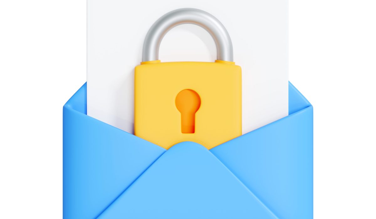 Yellow padlock inside a blue envelope, symbolizing email security, privacy, and data protection, isolated on white. 3D render illustration
